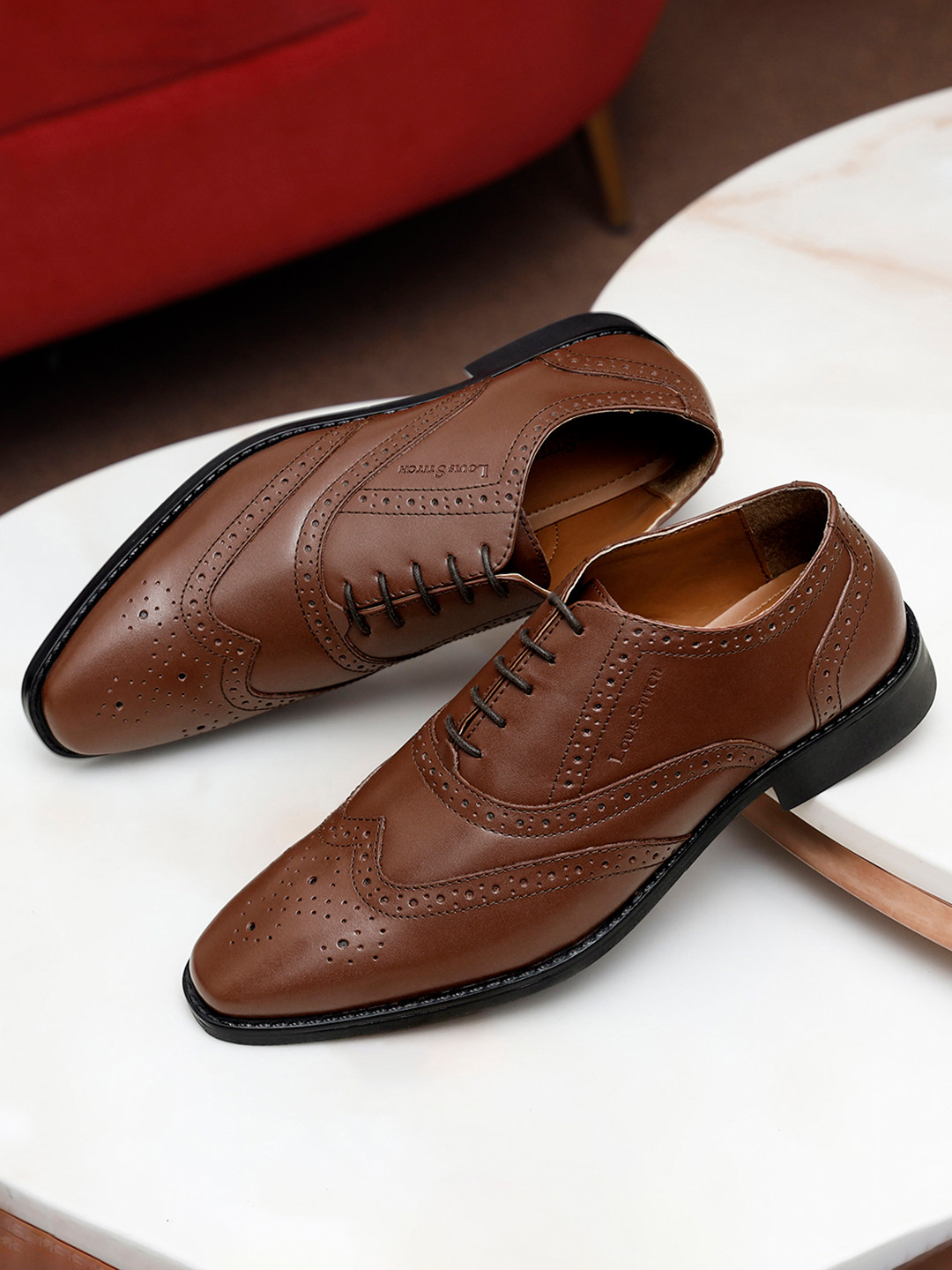LOUIS STITCH Men Tan Premium Italian Leather Formal Brogue Shoes