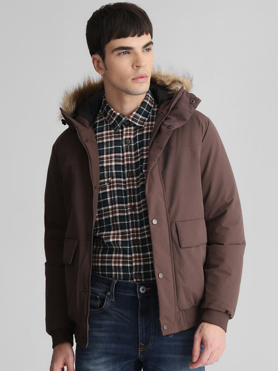Jack & Jones Solid Casual Parka Jacket With Faux Fur Trim