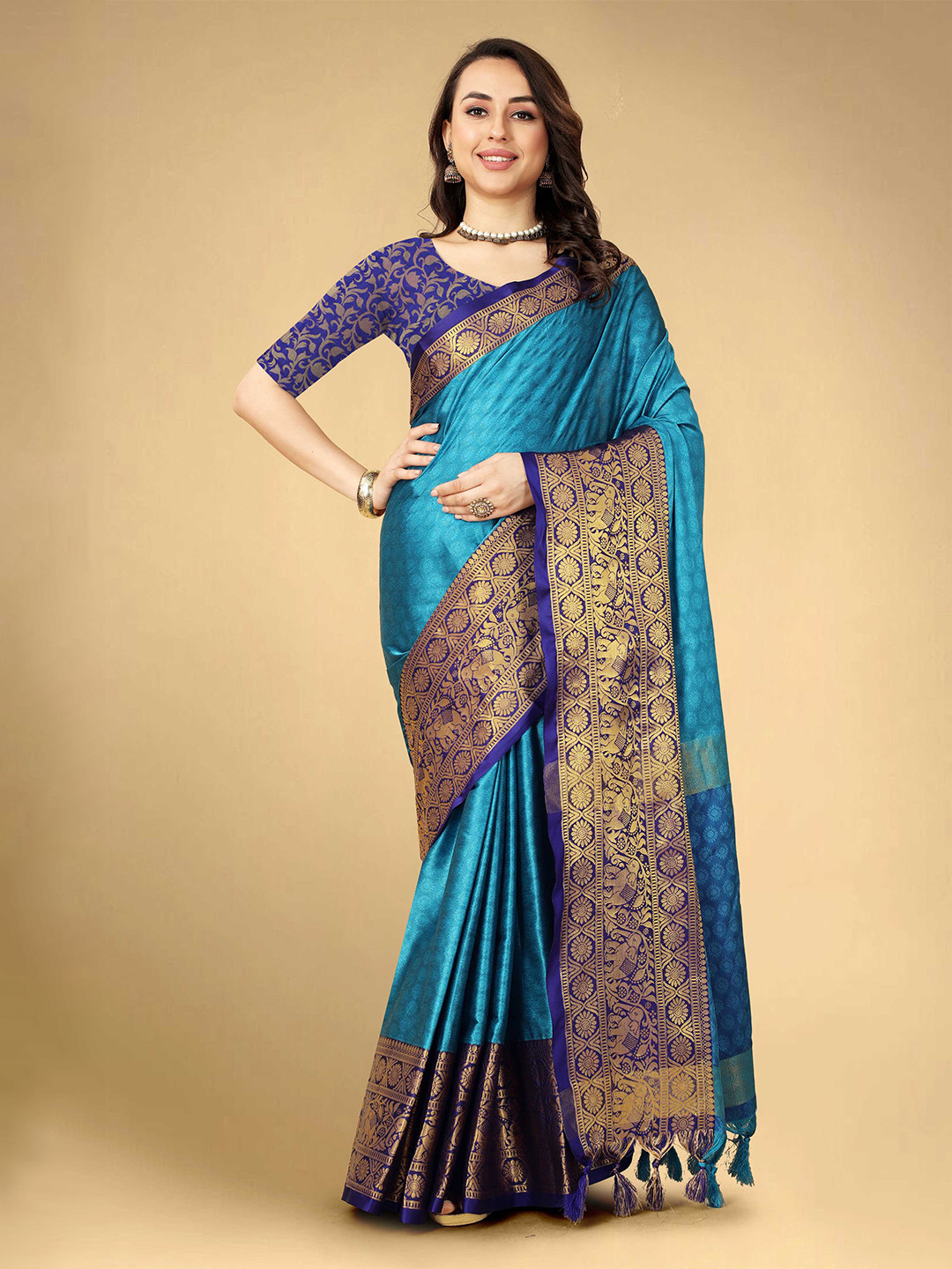 Mitera Blue & Purple Woven Design Zari Silk Cotton Banarasi Saree