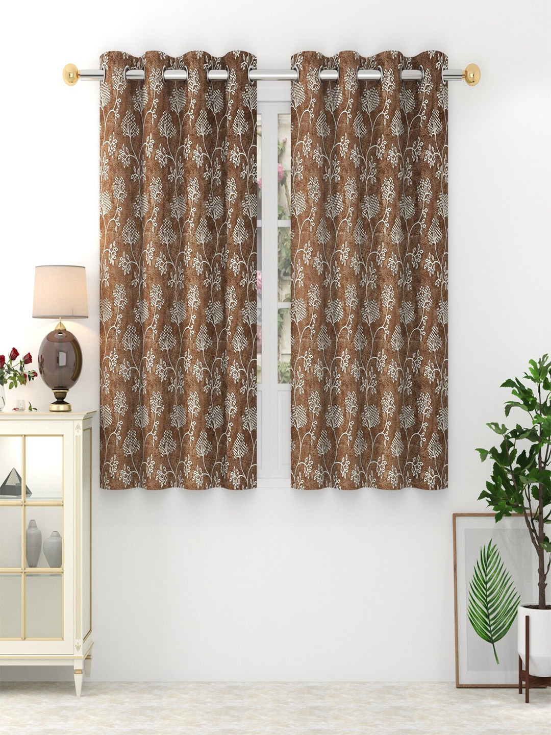 Homefab India Sonet Brown & White 2 Pieces Floral Window Curtains