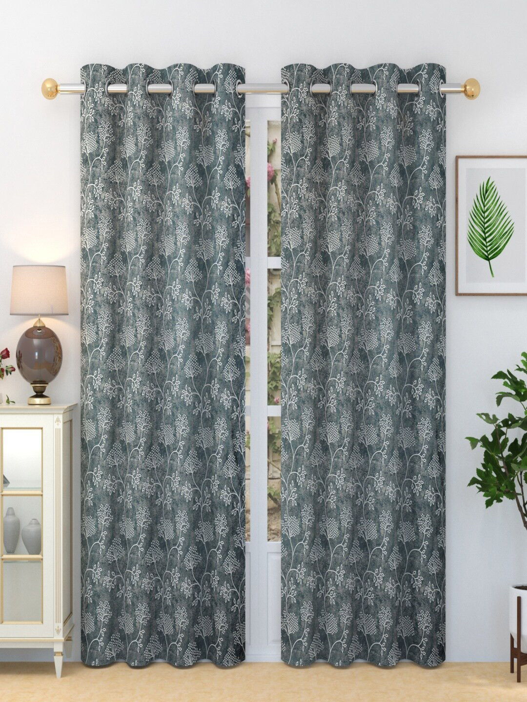 Homefab India Sonet Grey & White 2 Pieces Floral Printed Long Door Curtains