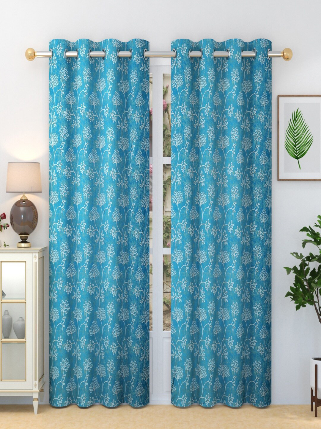 Homefab India Sonet Blue & White 2 Pieces Floral Long Door Curtains
