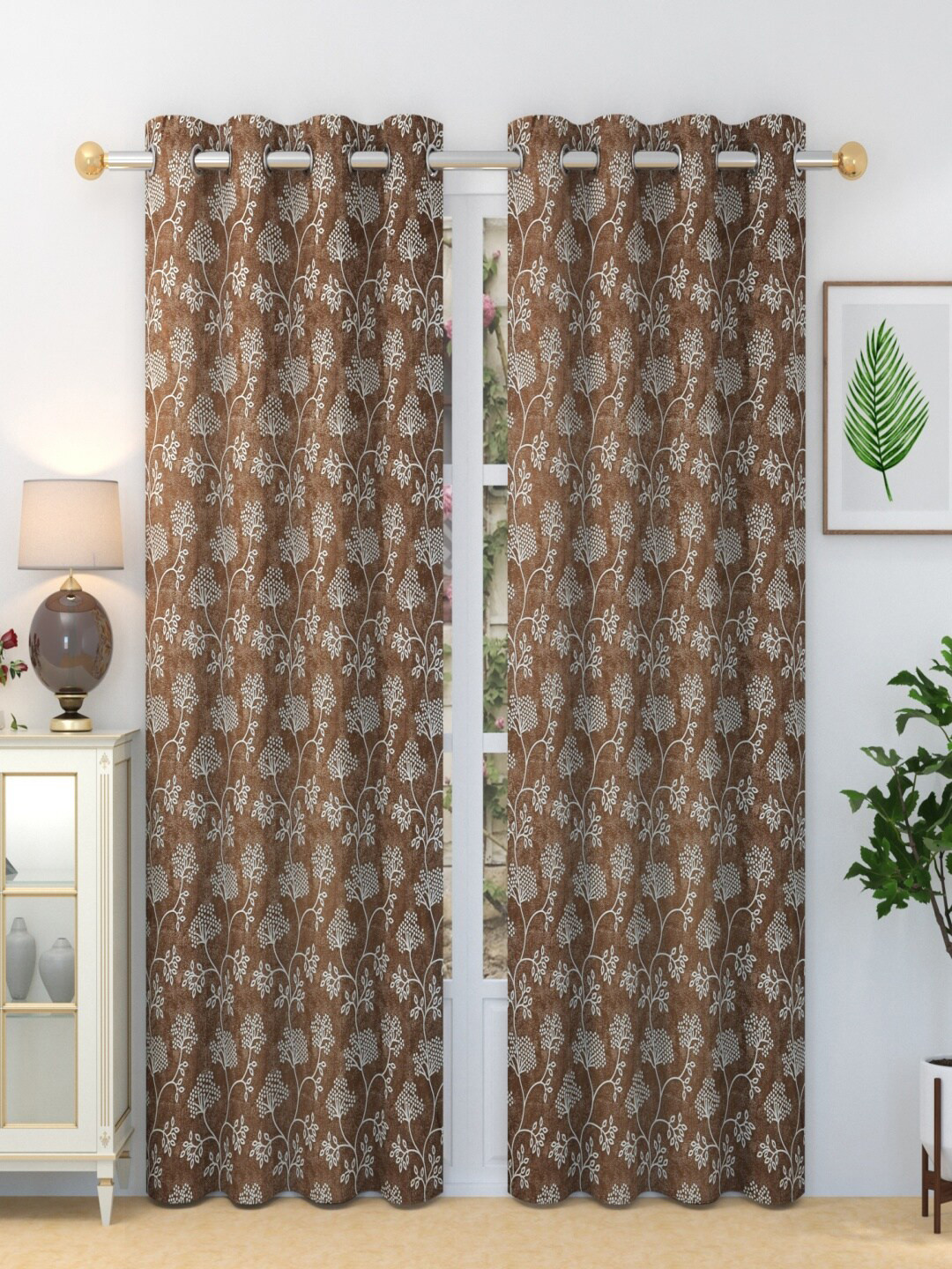 Homefab India Sonet Brown & White 2 Pieces Floral Door Curtains