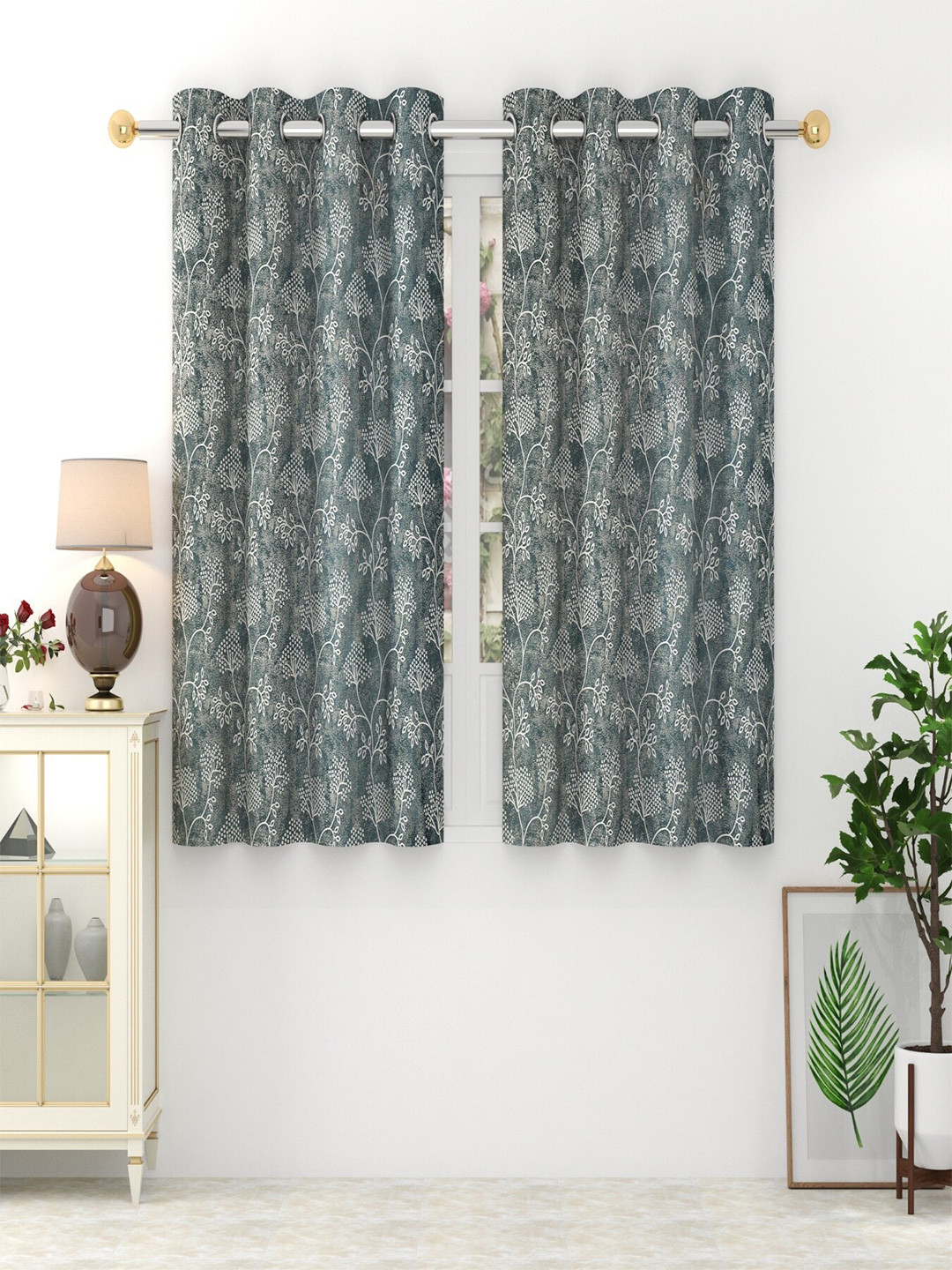 Homefab India 2 Pcs Grey & White Floral Window Curtain