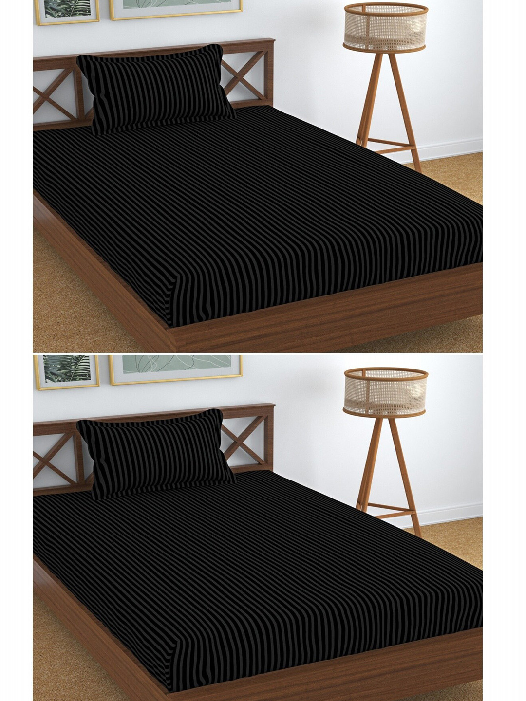 Homefab India Solana Black Striped Cotton 180 TC Single Fine 2 Bedsheet with 2 Pillow Covers-225 x 145 cm