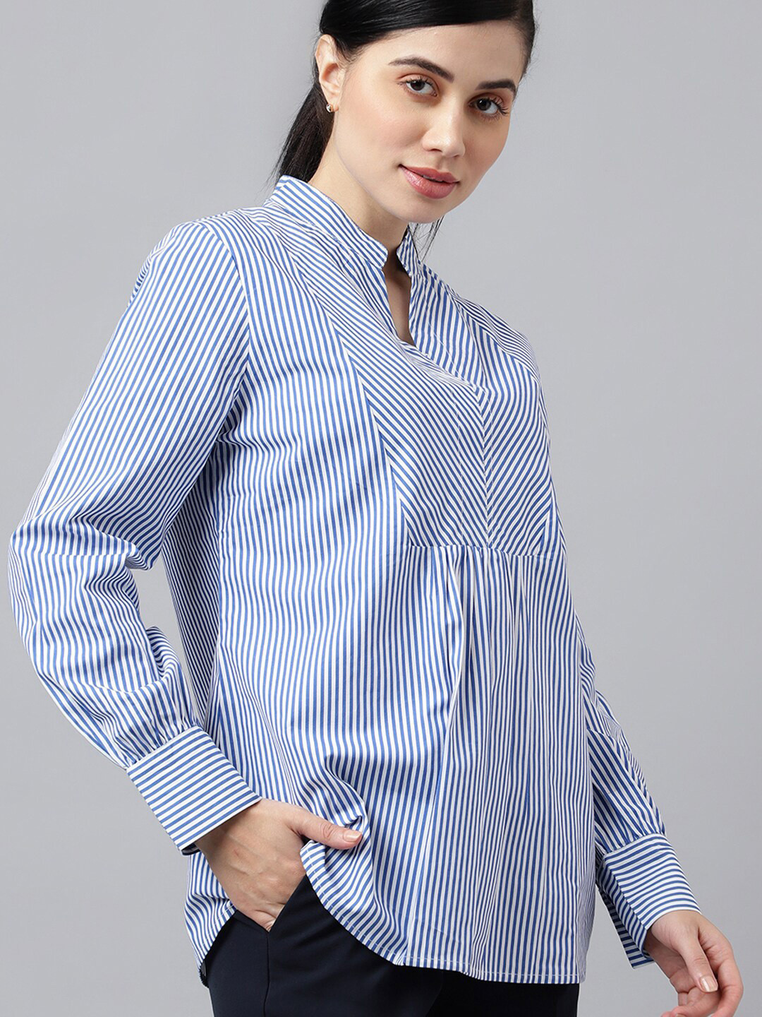 Hancock Women White & Blue Candy Striped Pure Cotton Regular Fit Formal Top