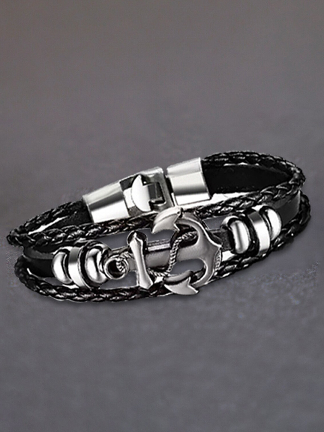 MEENAZ Leather Silver-Plated Kada Bracelet