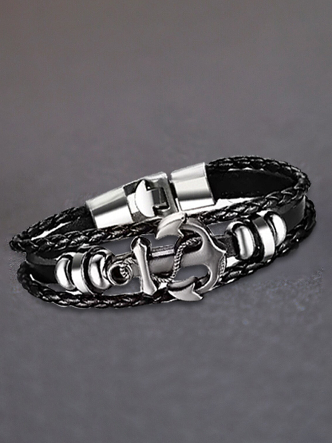 MEENAZ Silver-Toned & Black Leather Antique Silver-Plated Wraparound Bracelet