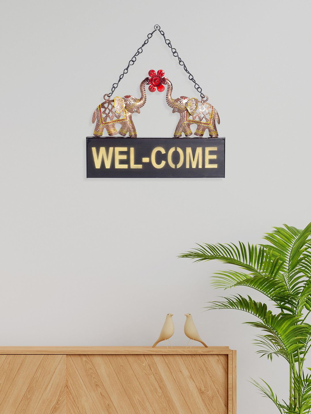 Golden Peacock Welcome Metal Ethnic Motifs Matte Hanging Hall Wall Hangings-14.8In