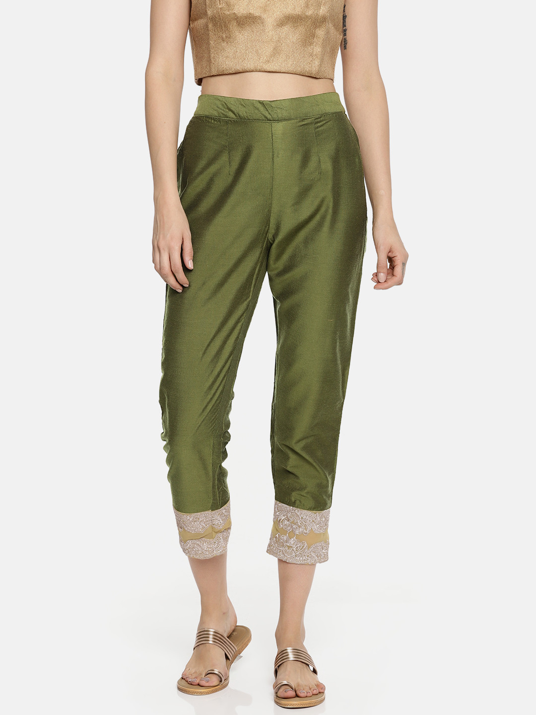 TRISHAA BY PANTALOONS Women Olive Green Slim Fit Embroidered Regular Trousers