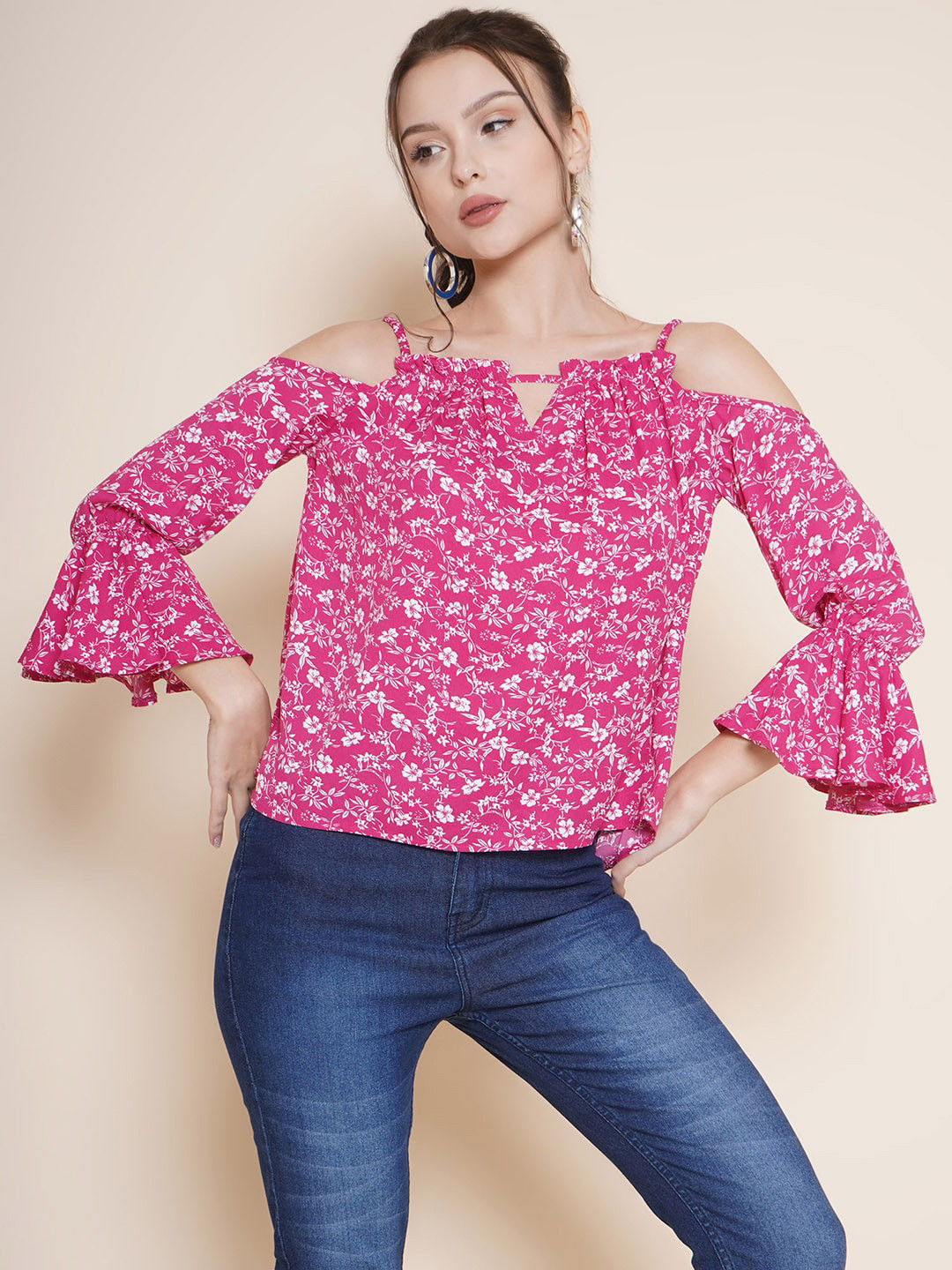 VESTIDO MODAS Floral Printed Shoulder Straps Cold Shoulder Sleeves Crepe Top