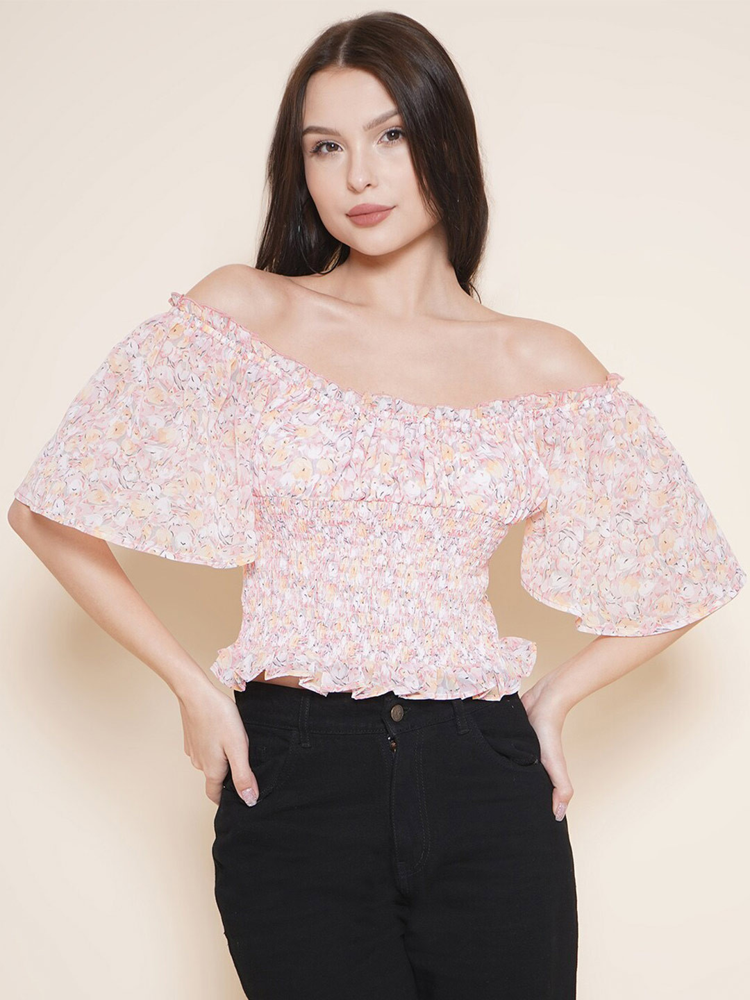 VESTIDO MODAS Floral Printed Off-Shoulder Puff Sleeves Georgette Bardot Top