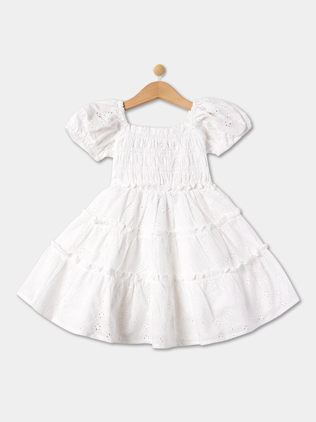 R&B Girls Self Design Square Neck Smocked Tiered Schiffli Cotton Fit & Flare Dress