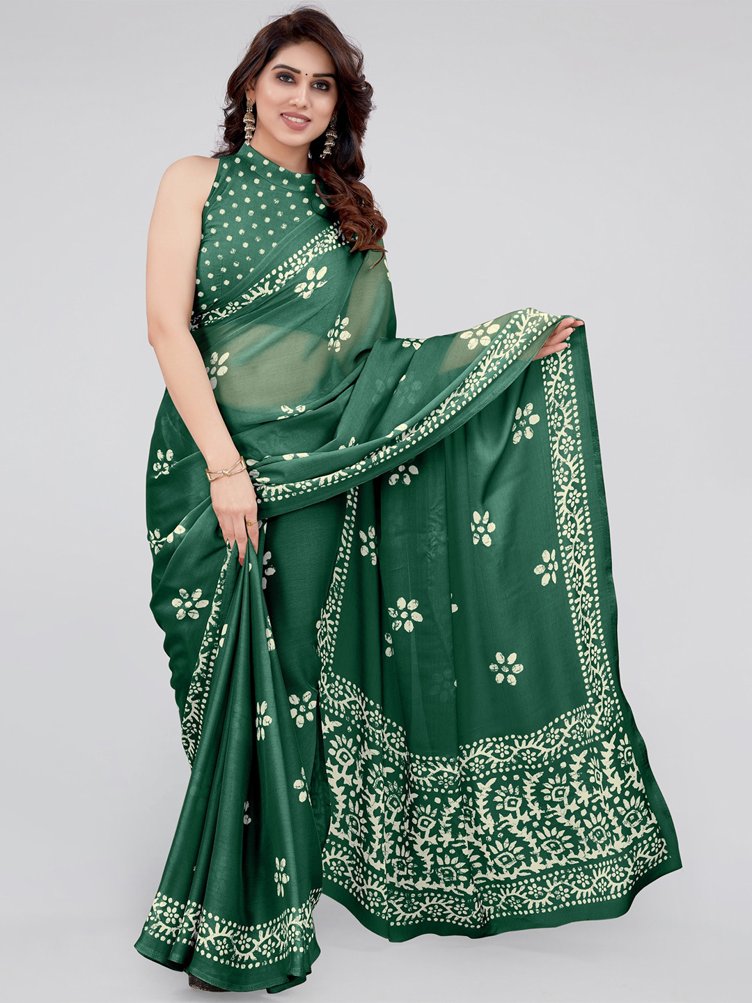 MIRCHI FASHION Green & Cream-Coloured Batik Block Printed Saree