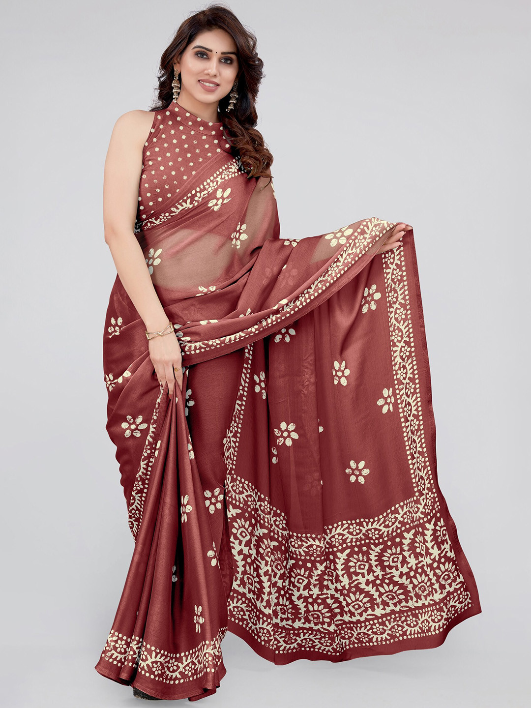 MIRCHI FASHION Maroon & White Batik Printed Block Print Saree