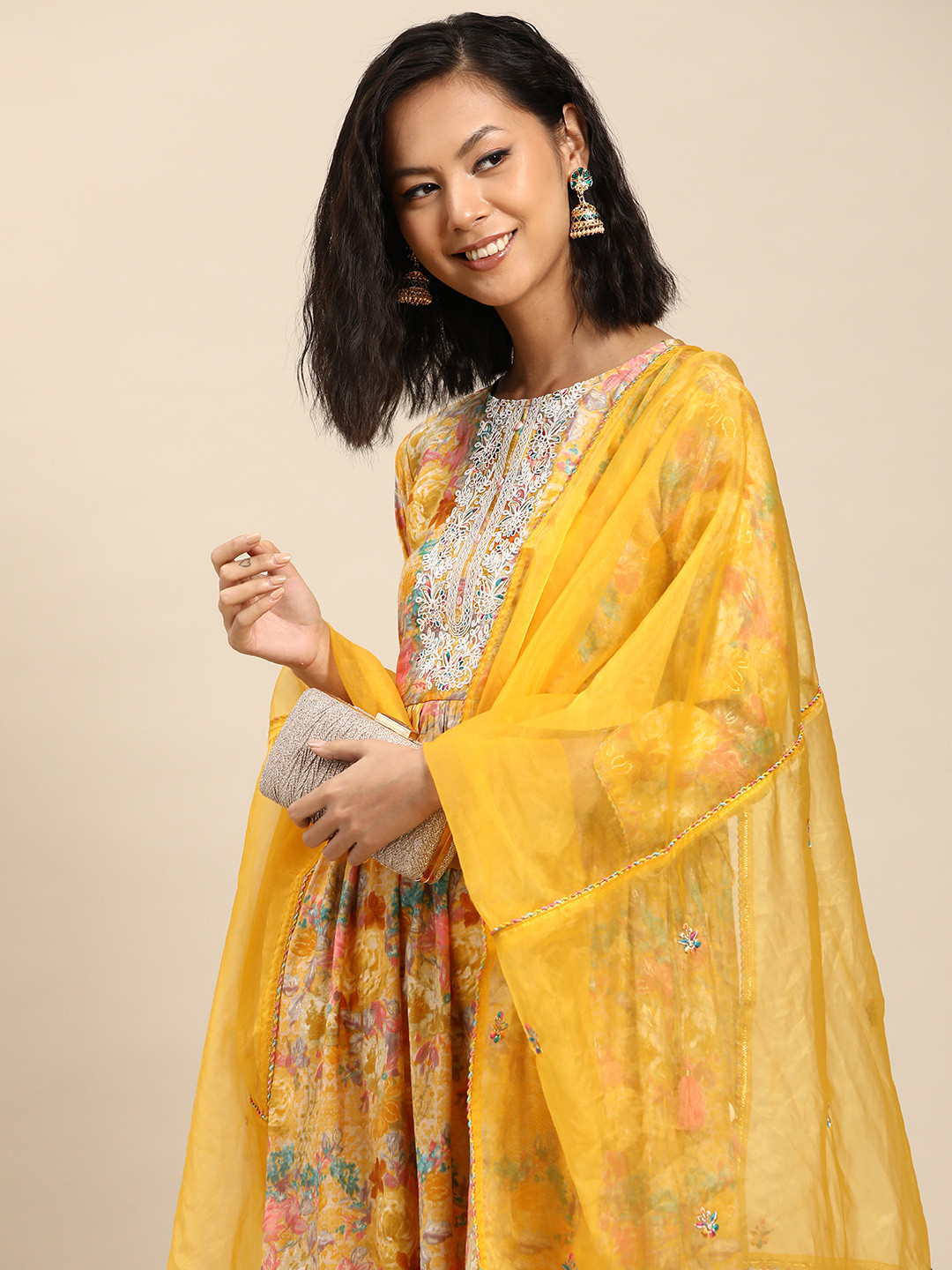 Sangria Women Printed Embroidered Yoke Design Kurta With Trousers & Organza Dupatta