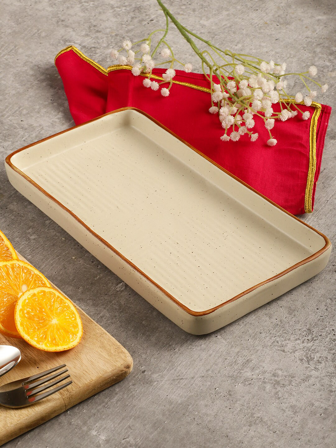 MIAH Decor Off White & Brown Stoneware Rectangular Platter Tray