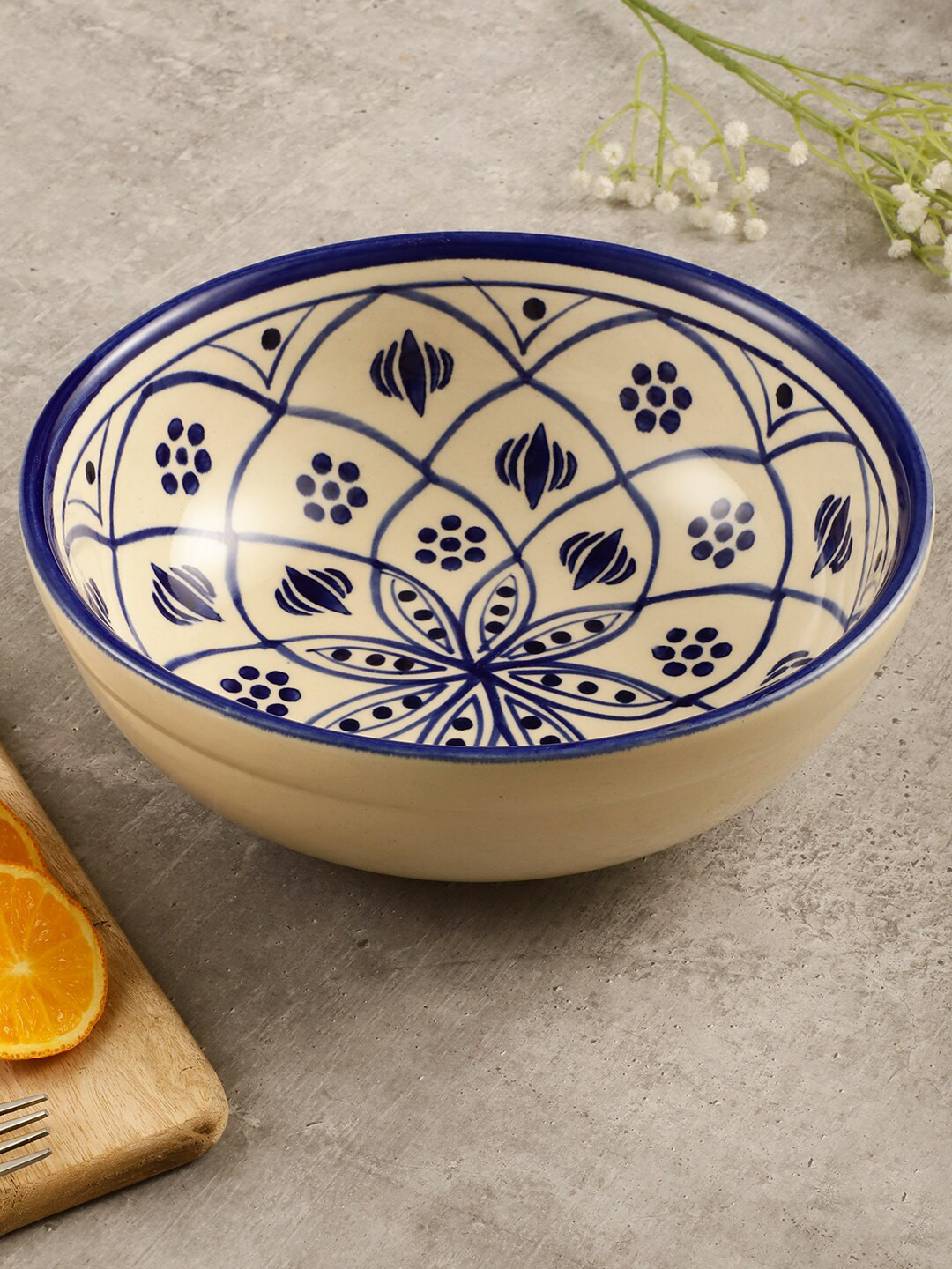 MIAH Decor Cream-Colored & Blue Hand Painted Ceramic Serving Bowl