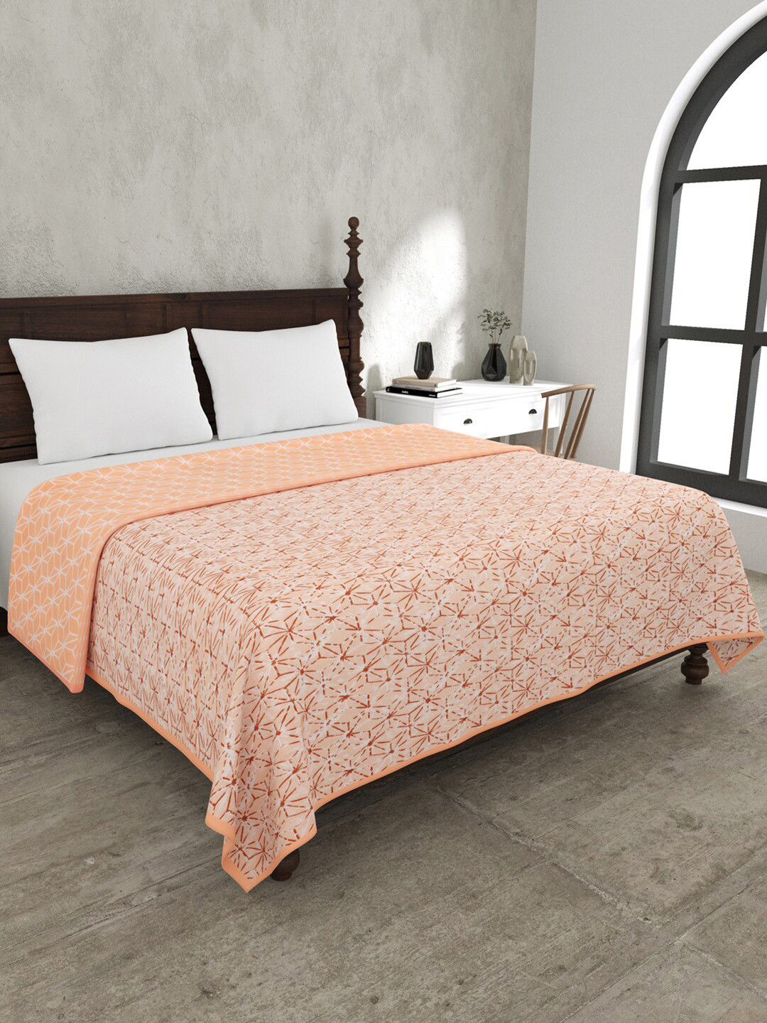 JAIPUR FABRIC Geometricity Peach Printed Cotton Mild Winter 120 GSM Double Bed Dohar