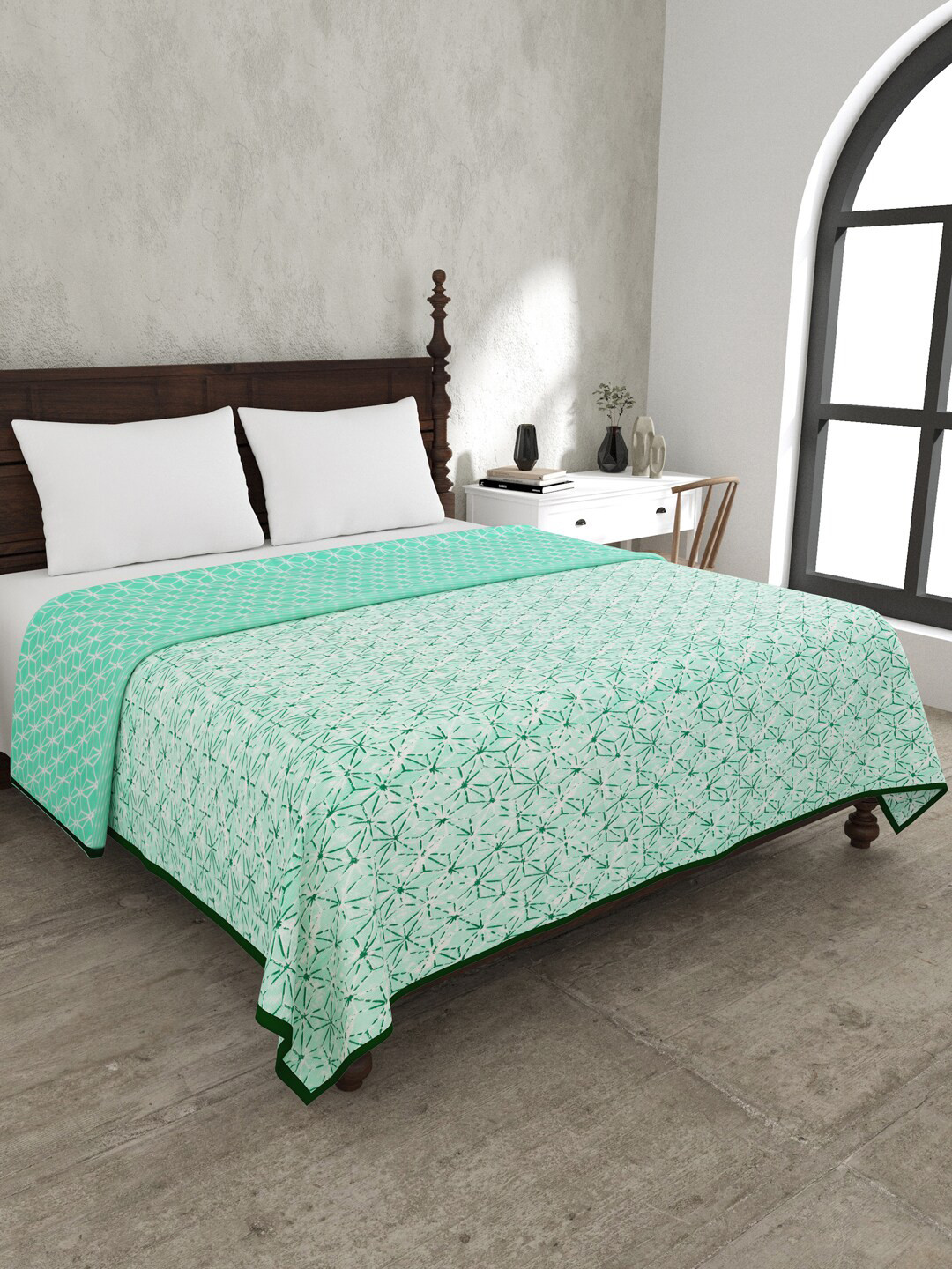 JAIPUR FABRIC Geometricity Green Printed Mild Winter 120 GSM Cotton Double Bed Blanket