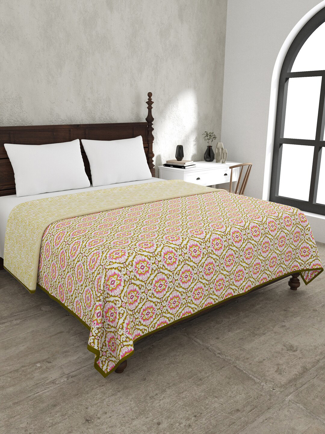 JAIPUR FABRIC The Illusion Greenish White Mild Winter 120GSM Cotton Double Bed Blanket