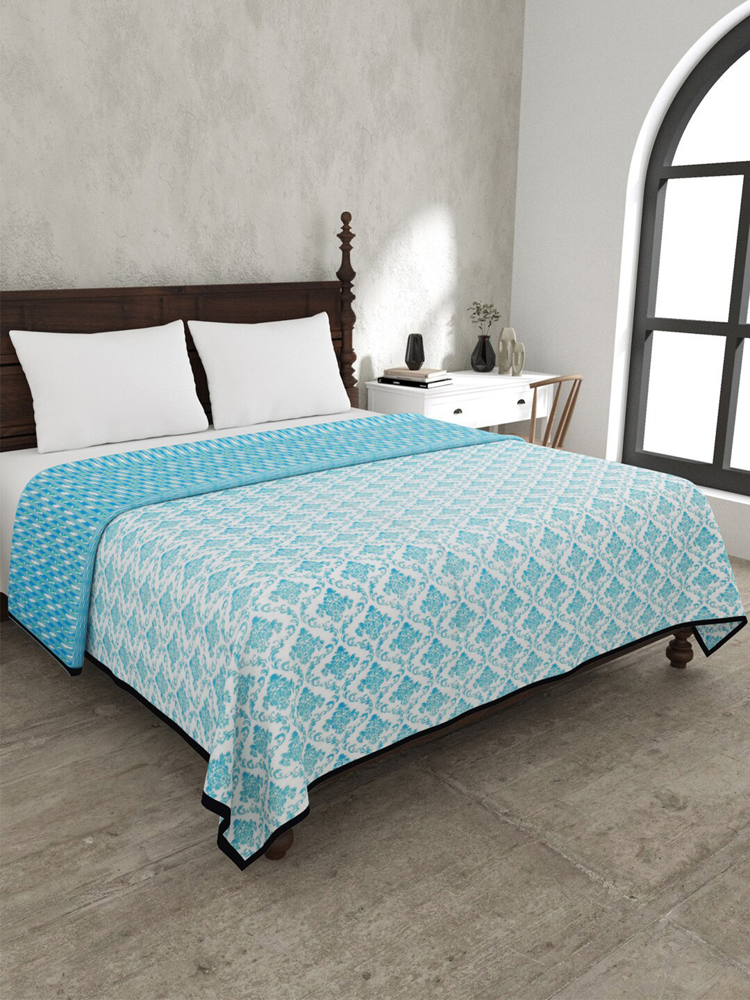 JAIPUR FABRIC Ethnic Royal Firozi White Mild Winter 120GSM Cotton Double Bed Blanket