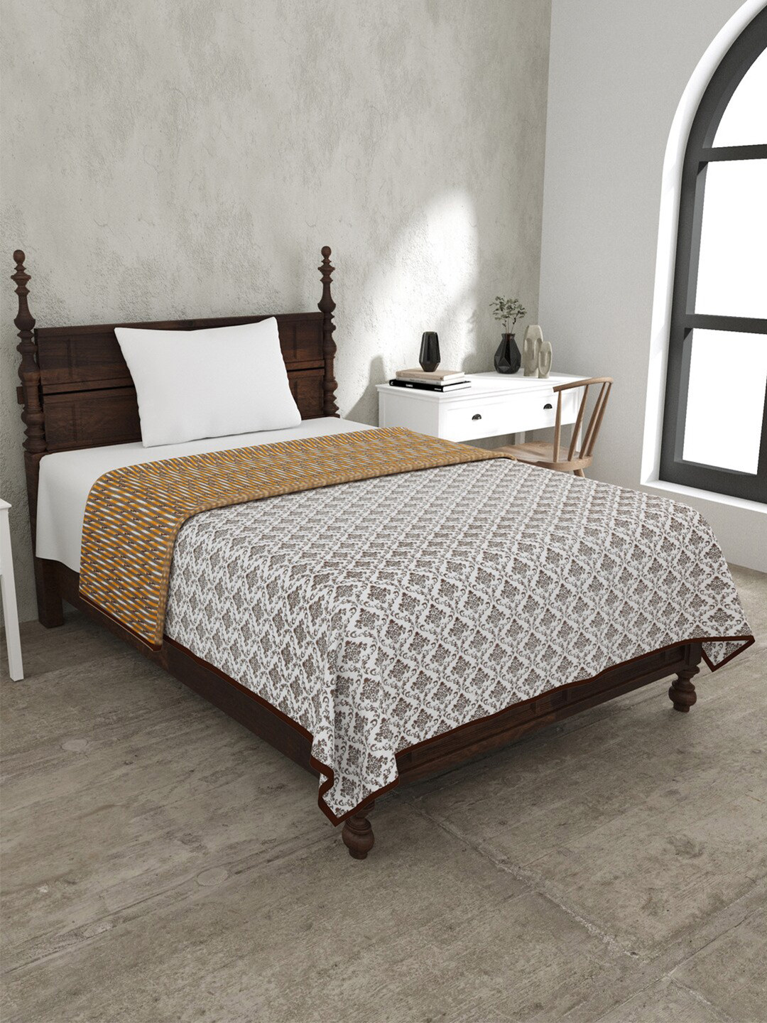 JAIPUR FABRIC Ethnic Royal White & Brown Mild Winter 120 GSM Cotton Single Bed Dohar
