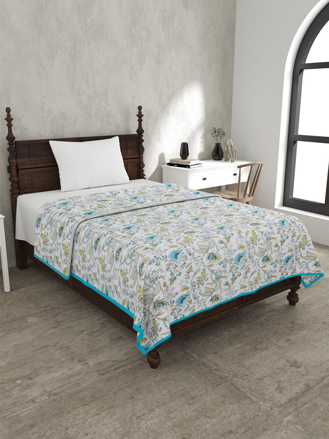 JAIPUR FABRIC Floral Garden White & Blue Mild Winter 120 GSM Cotton Double Bed Dohar