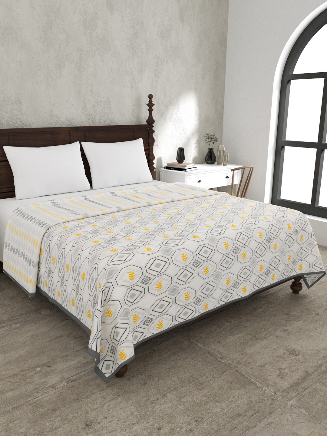 JAIPUR FABRIC Artistic Maze Grey & Yellow Mild Winter 120 GSM Cotton Double Bed Dohar