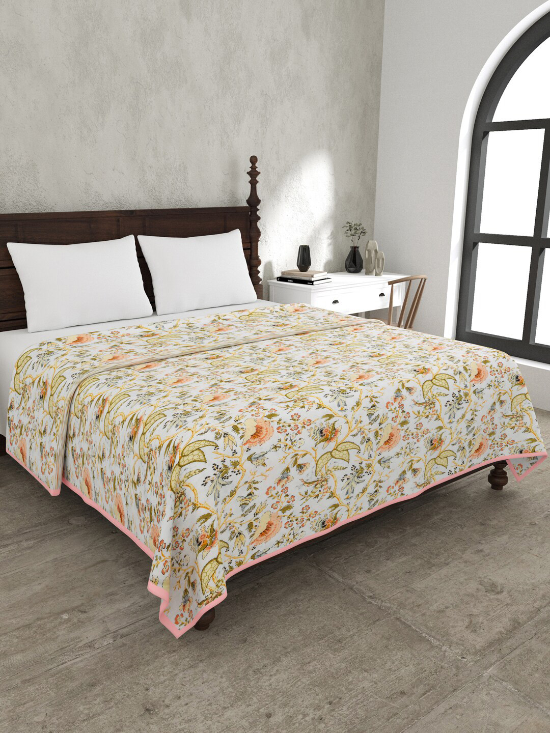 JAIPUR FABRIC Floral Garden White & Yellow Floral Mild Winter 120 GSM Double Bed Dohar