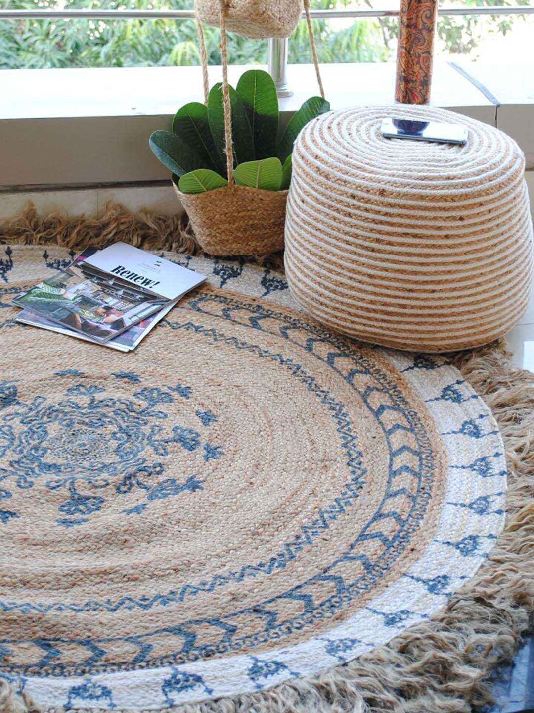 Art Avenue NIELLO Beige & Blue Self-Designed Jute Round Carpet