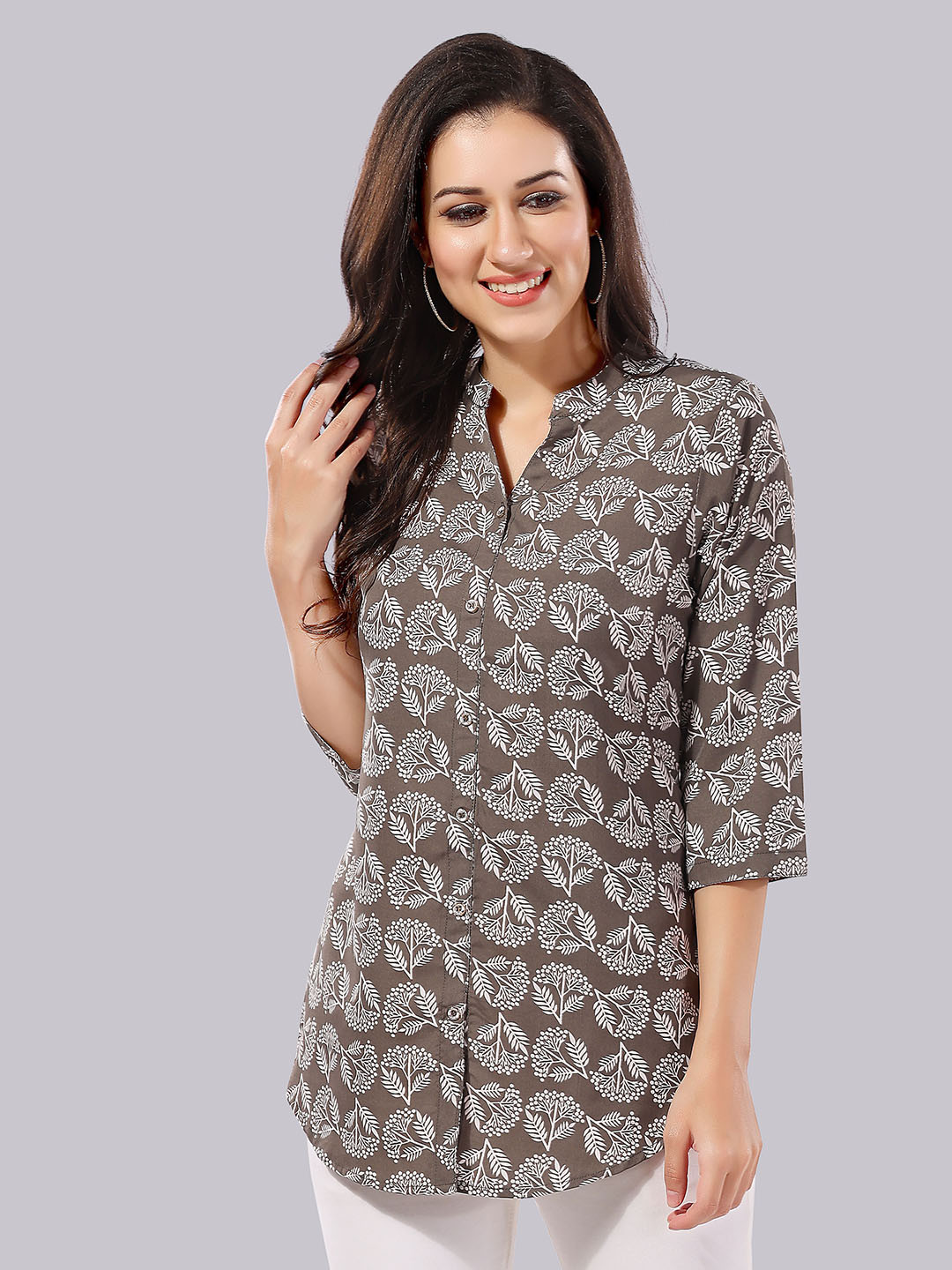keshubaba Grey & White Mandarin Collar Printed Tunic