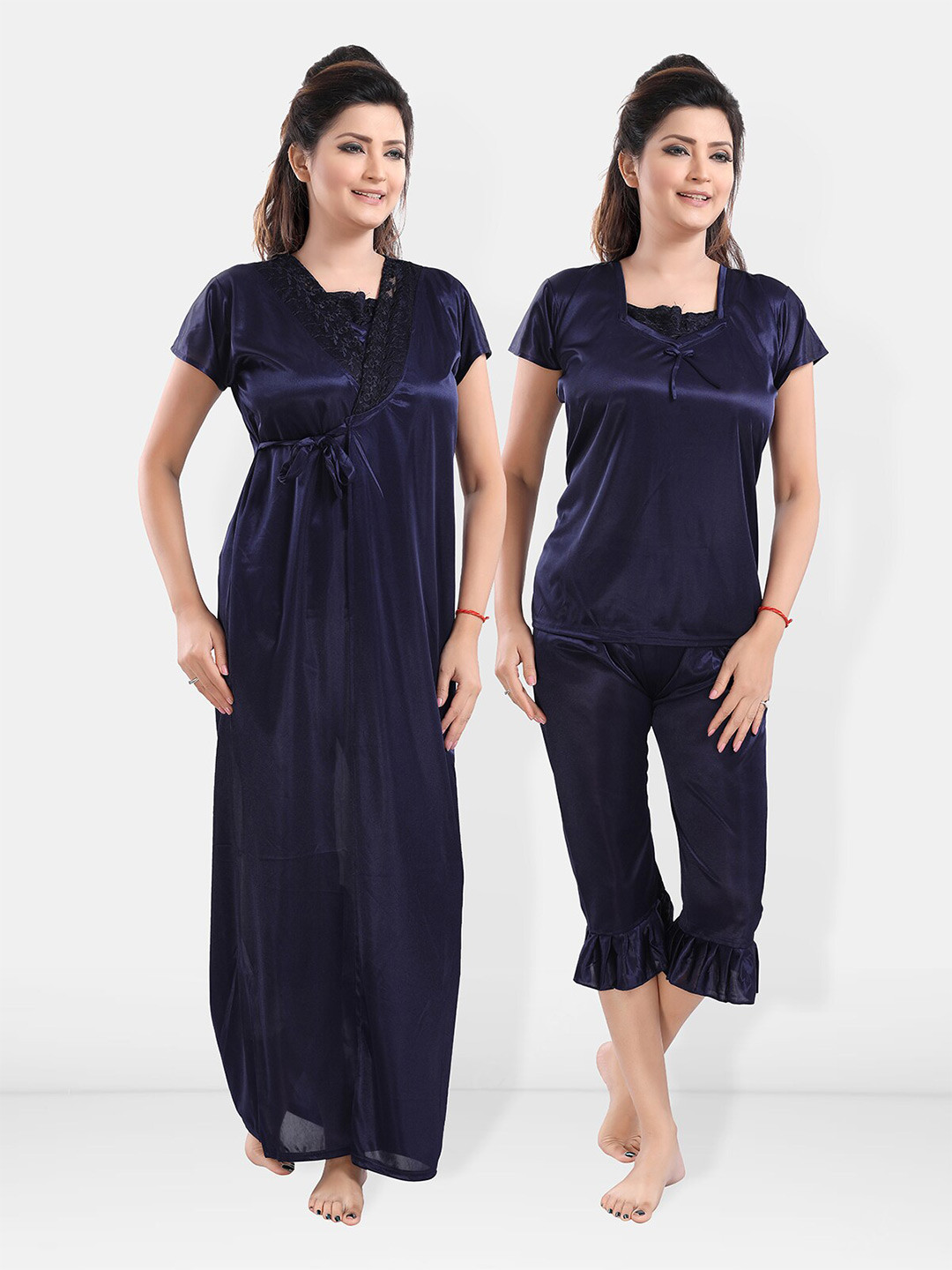 Be You Square Neck Satin Night Suit With Robe