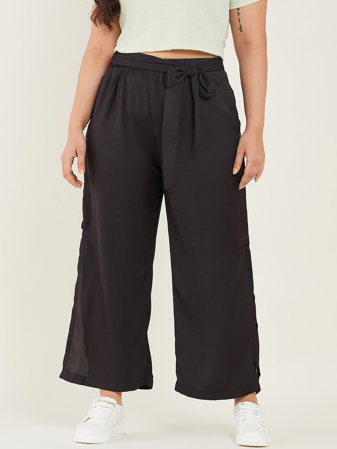 CURVE BY KASSUALLY Black Relaxed Loose Fit Parallel Trousers With Slit