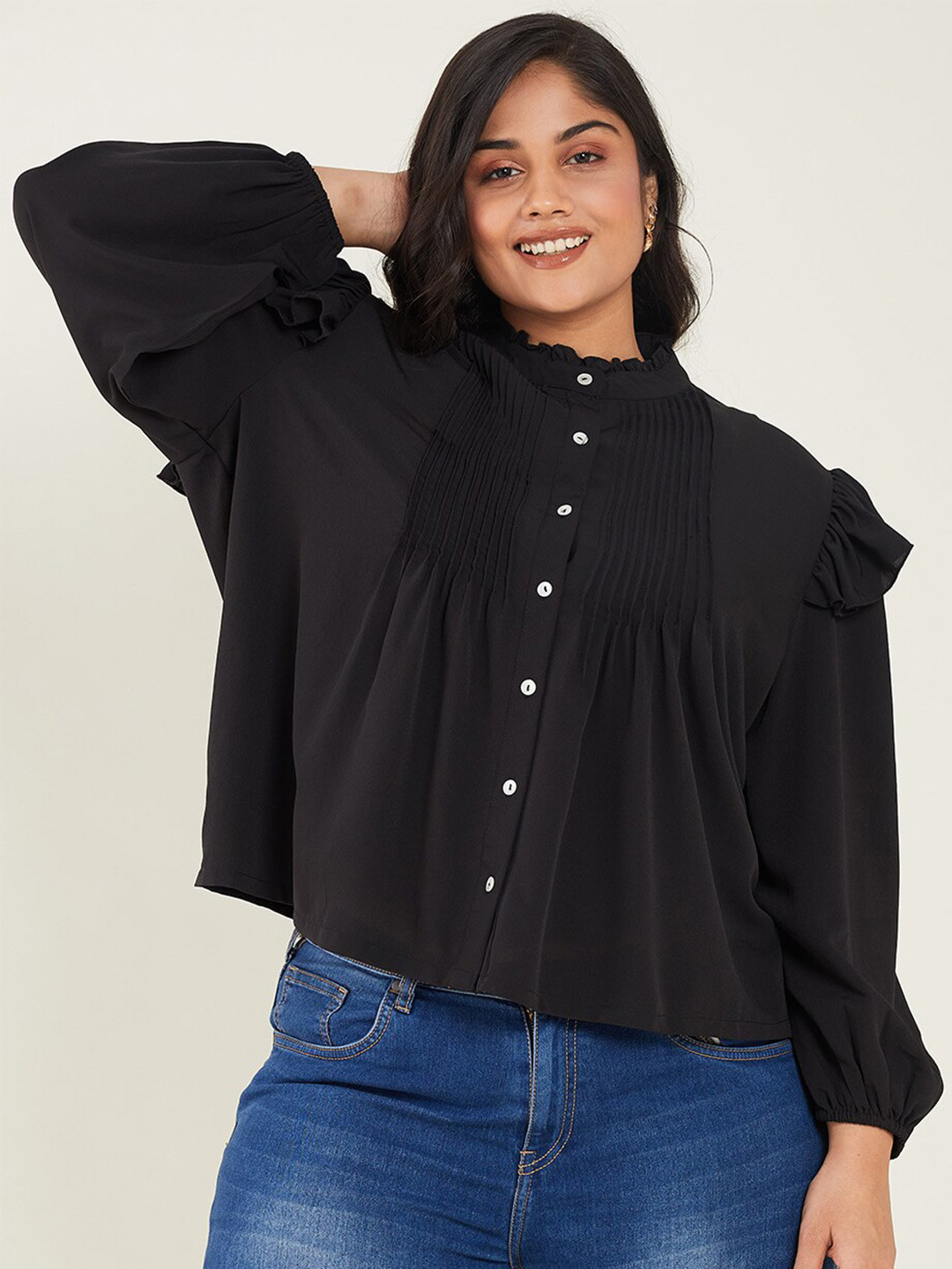 CURVE BY KASSUALLY Black High Neck Puff Sleeves Shirt Style Top