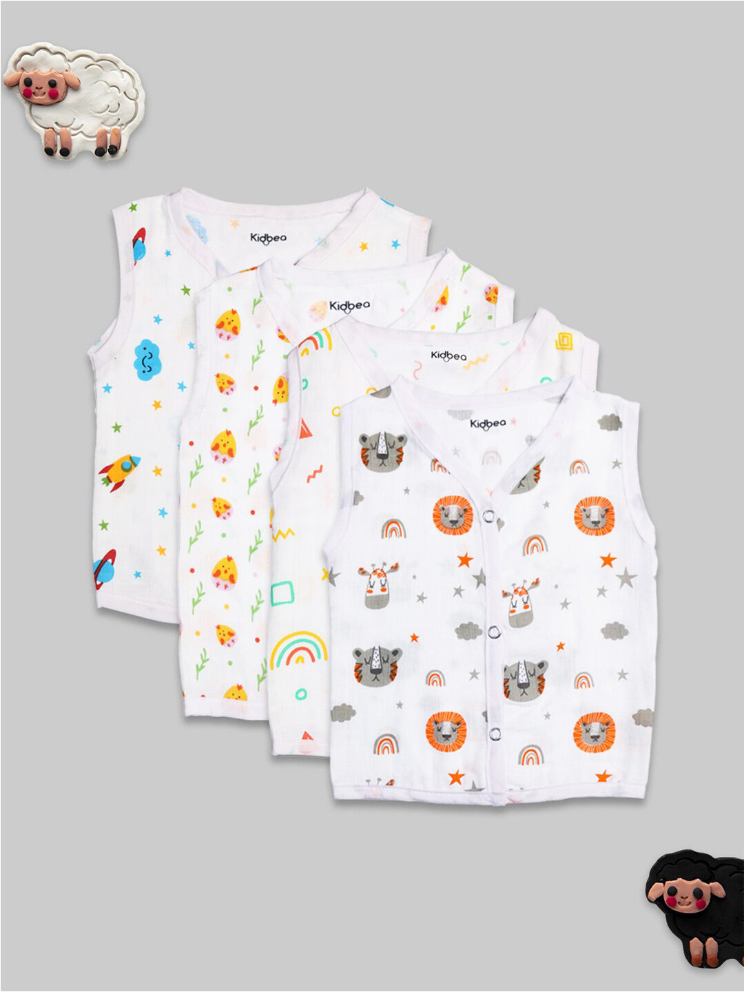 Kidbea Infants Pack Of 4 Printed Pure Bamboo Jhabla Vests