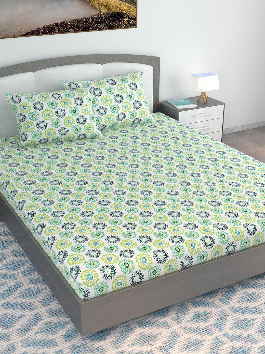 Divine Casa Deep Lake Green Ethnic Motifs Cotton Breathable 144 TC King Bedsheet with 2 Pillow Covers-106 x 106 inches