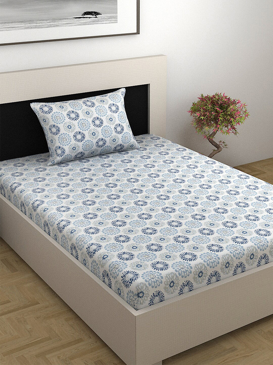 Divine Casa Blue Ethnic Motifs Pure Cotton 144 TC Single Bedsheet with a Pillow Cover-223 x 140 cm