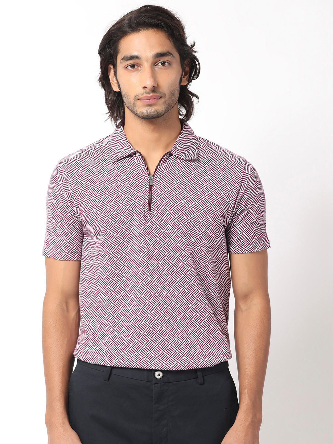 RARE RABBIT Men Cabetta Geometric Printed Polo Collar Cotton Slim Fit T-Shirt