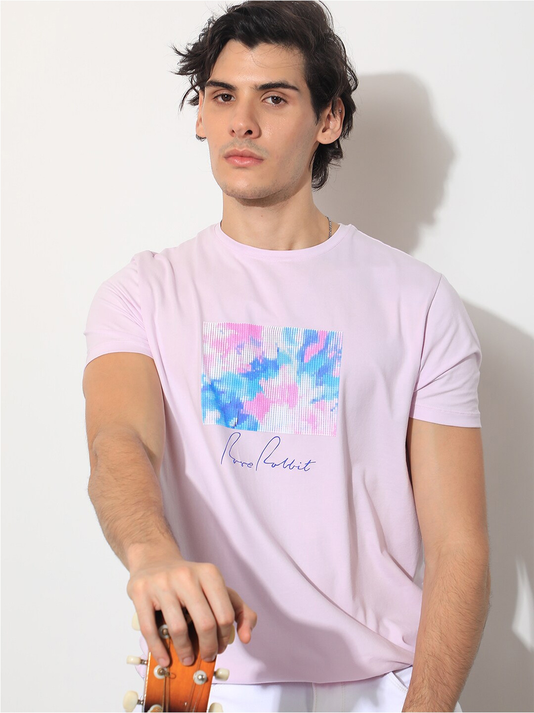 rare rabbit mens berg purple t-shirt cotton fabric slim fit crew neck half sleeve graphic print