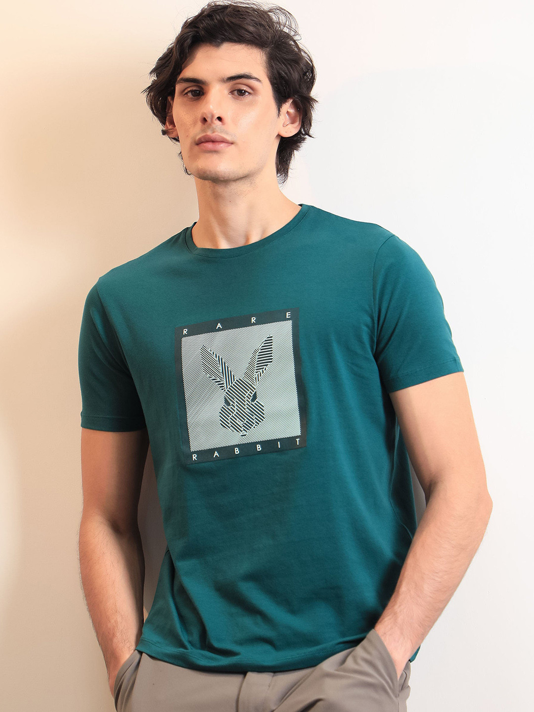 RARE RABBIT Men Princeton Geometric Printed Cotton Slim Fit T-Shirt