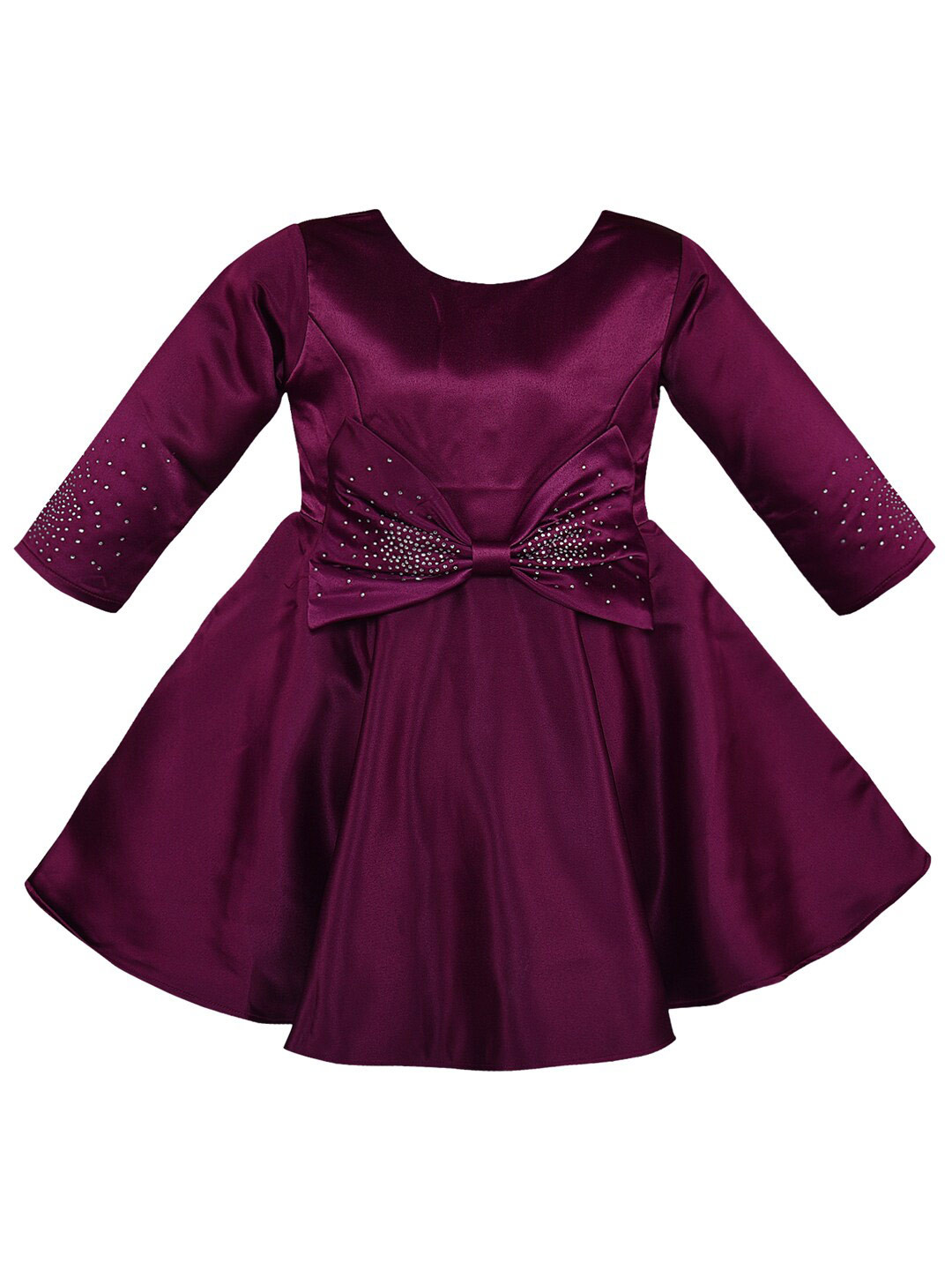 Wish Karo Girls Bow Detailed Round Neck Silk Fit & Flare Dress