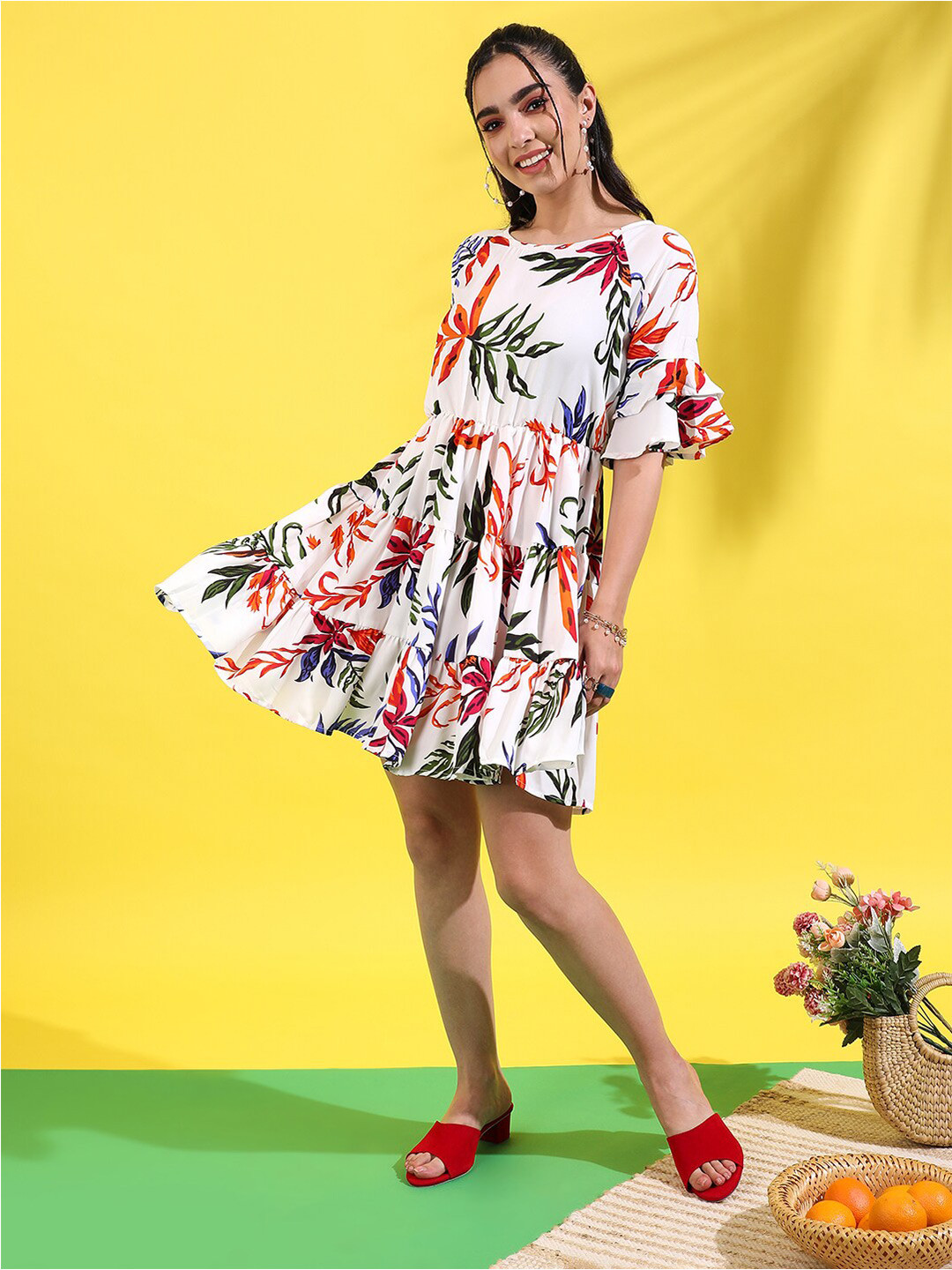Campus Sutra White Tropical Printed Bell Sleeves Gathered Tiered Fit & Flare Dress