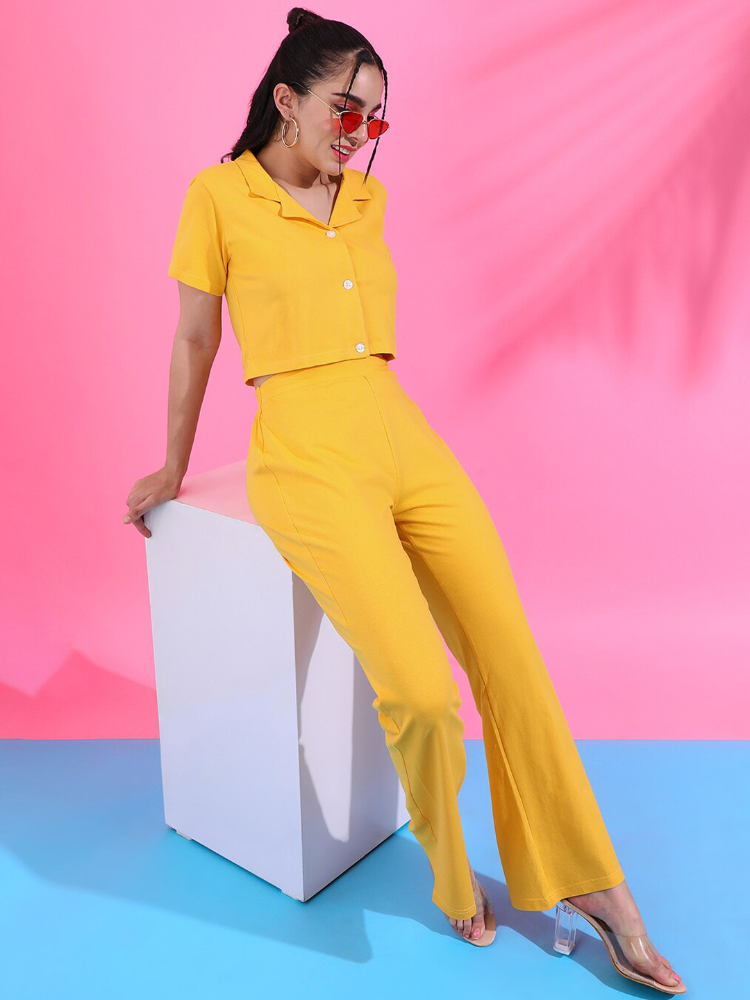 Campus Sutra Cropped Shirt With Wide Leg Trousers