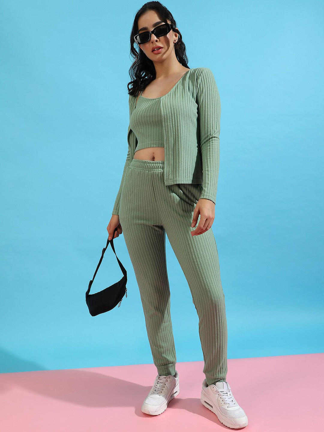 Campus Sutra Ribbed Top & Trouser With Shrug Co-Ord Set