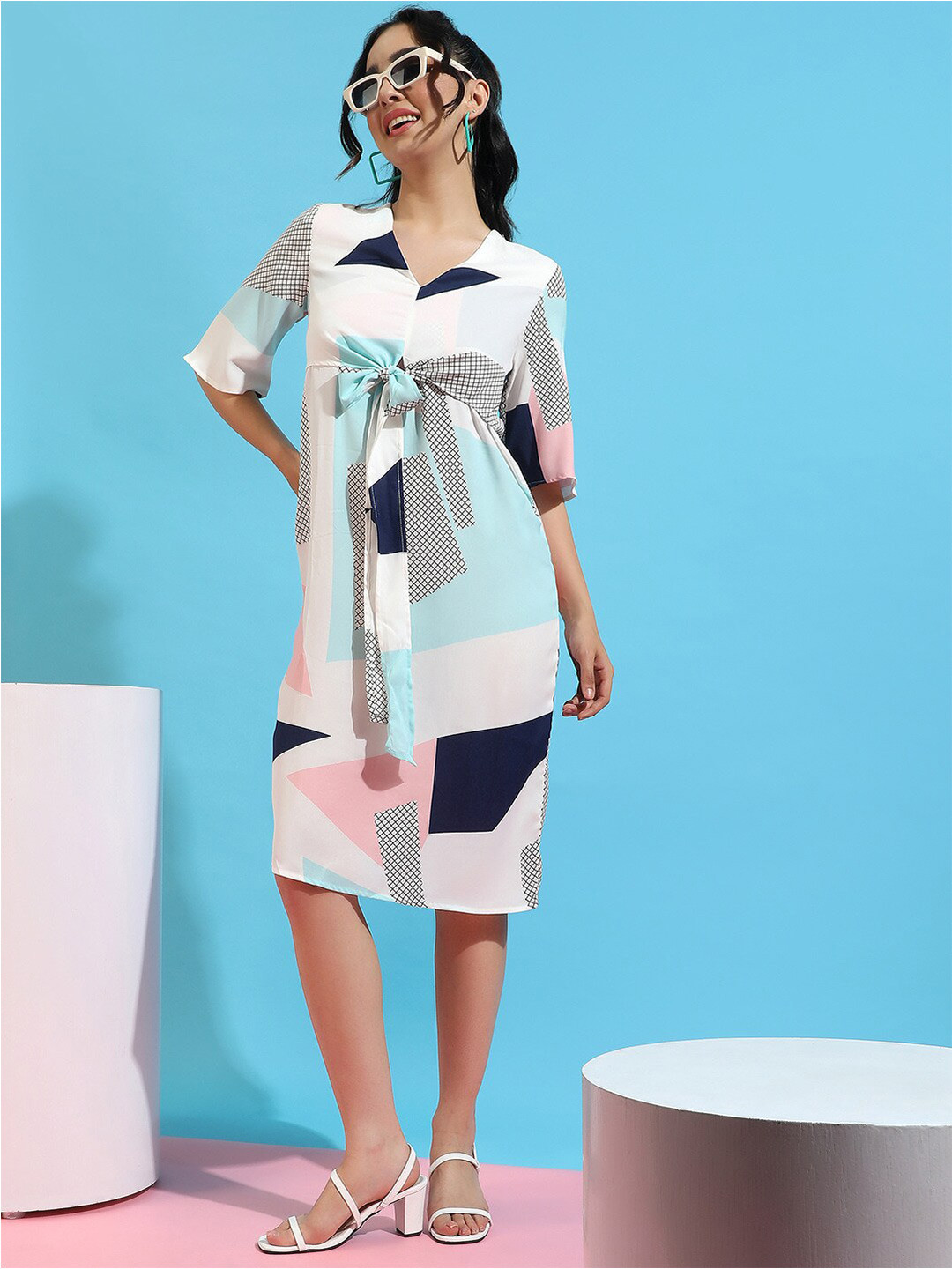 PINACOLADA White Geometric Printed Flared Sleeves Tie-Ups A-Line Dress