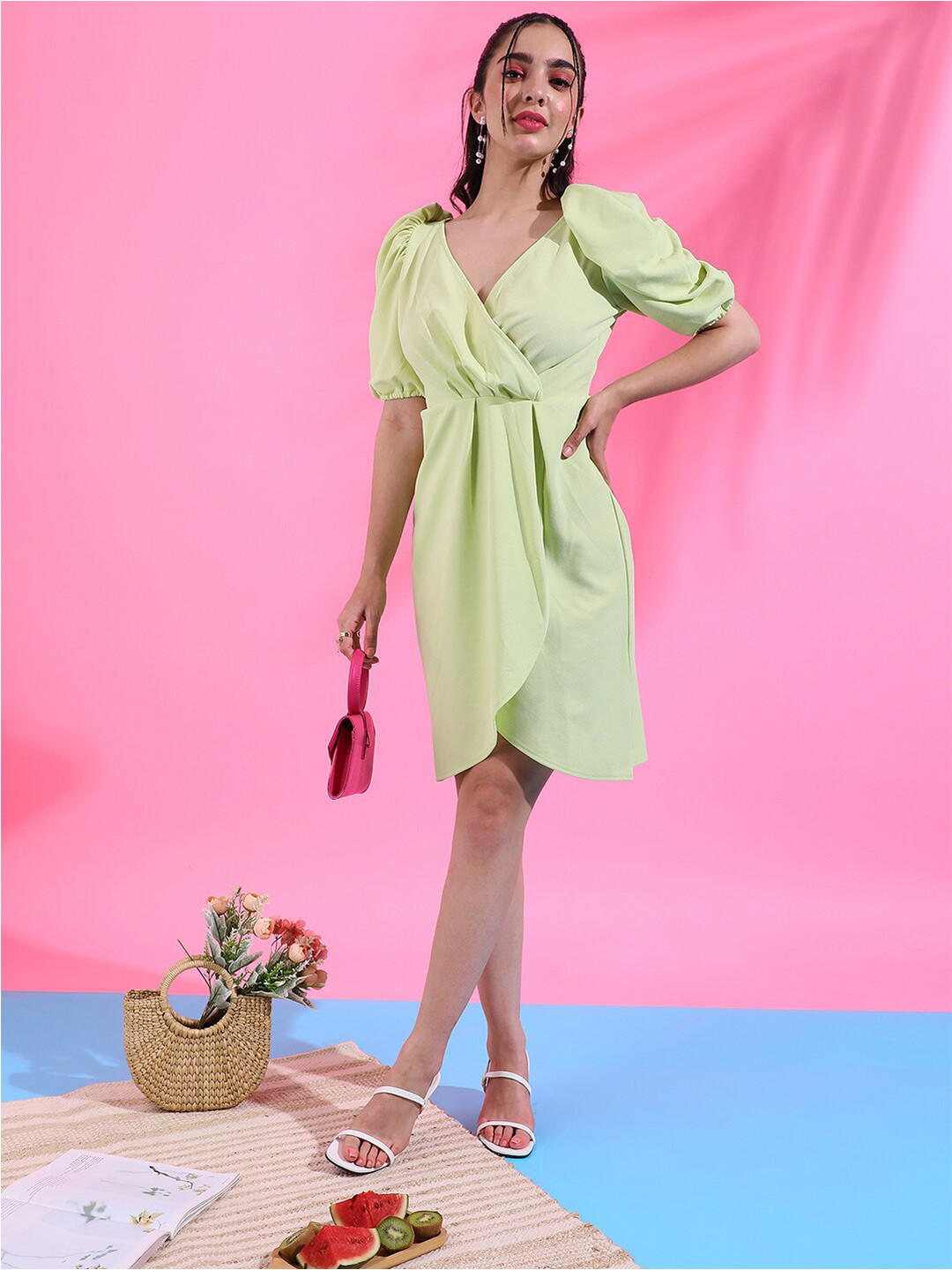 Campus Sutra Green Ruched Sleeves V-Neck Gathered Wrap Dress