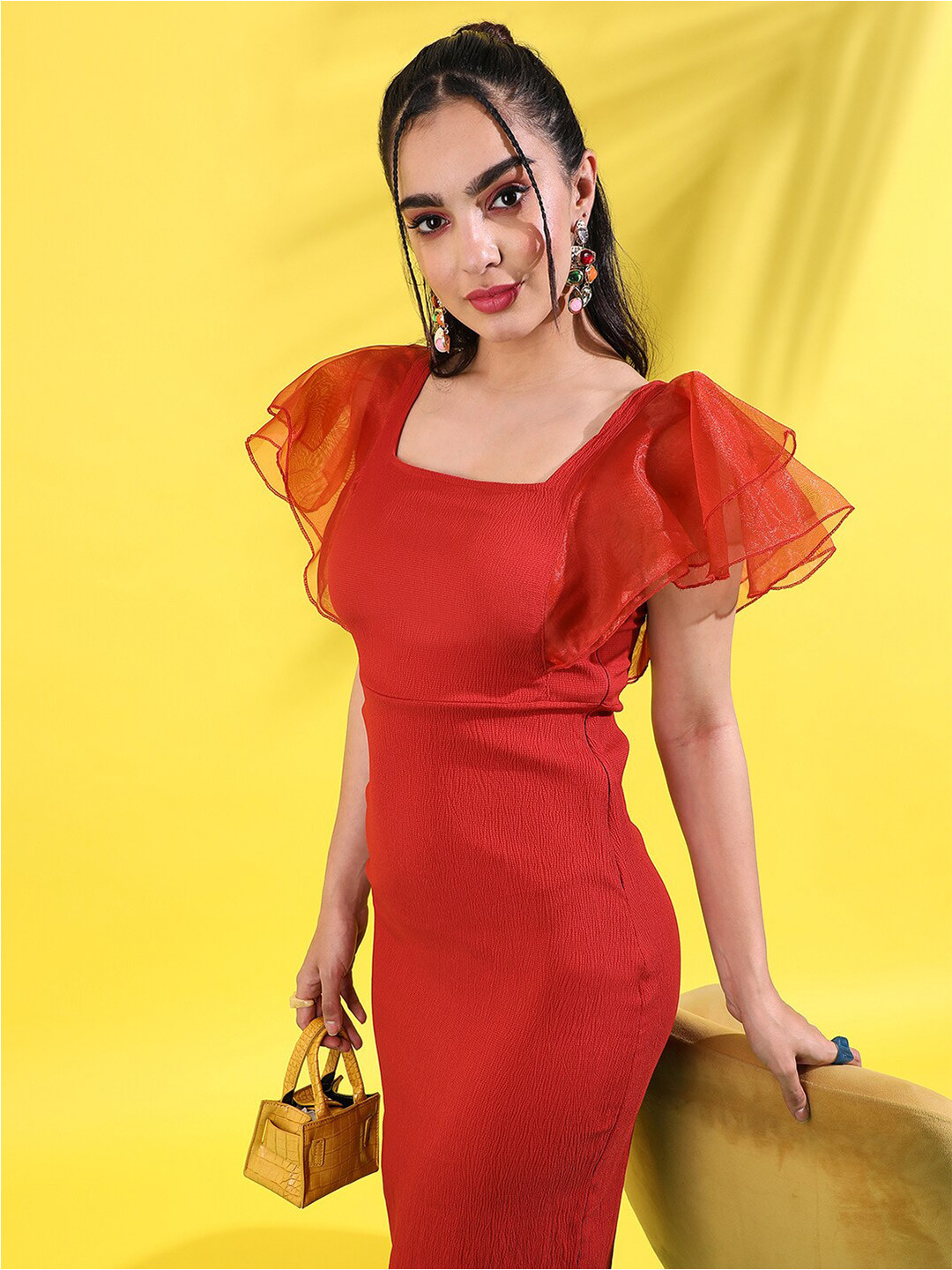 Campus Sutra Red Square Neck Flutter Sleeves Bodycon Dress