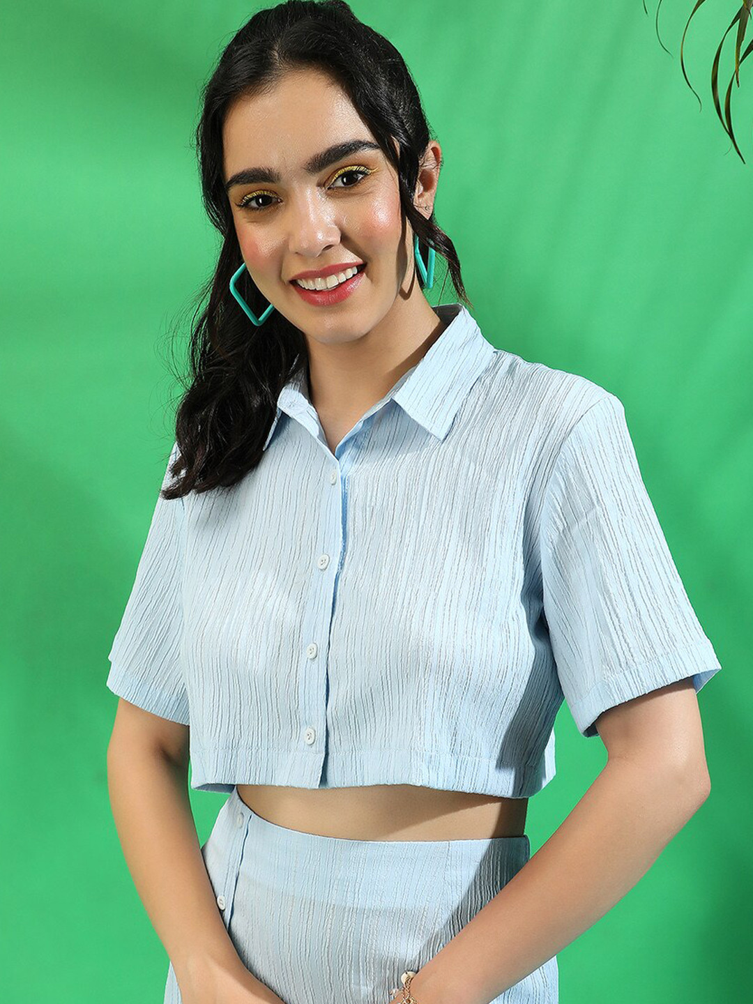 Campus Sutra Light Blue Crop Shirt & Mini Skirt Co-Ord Set