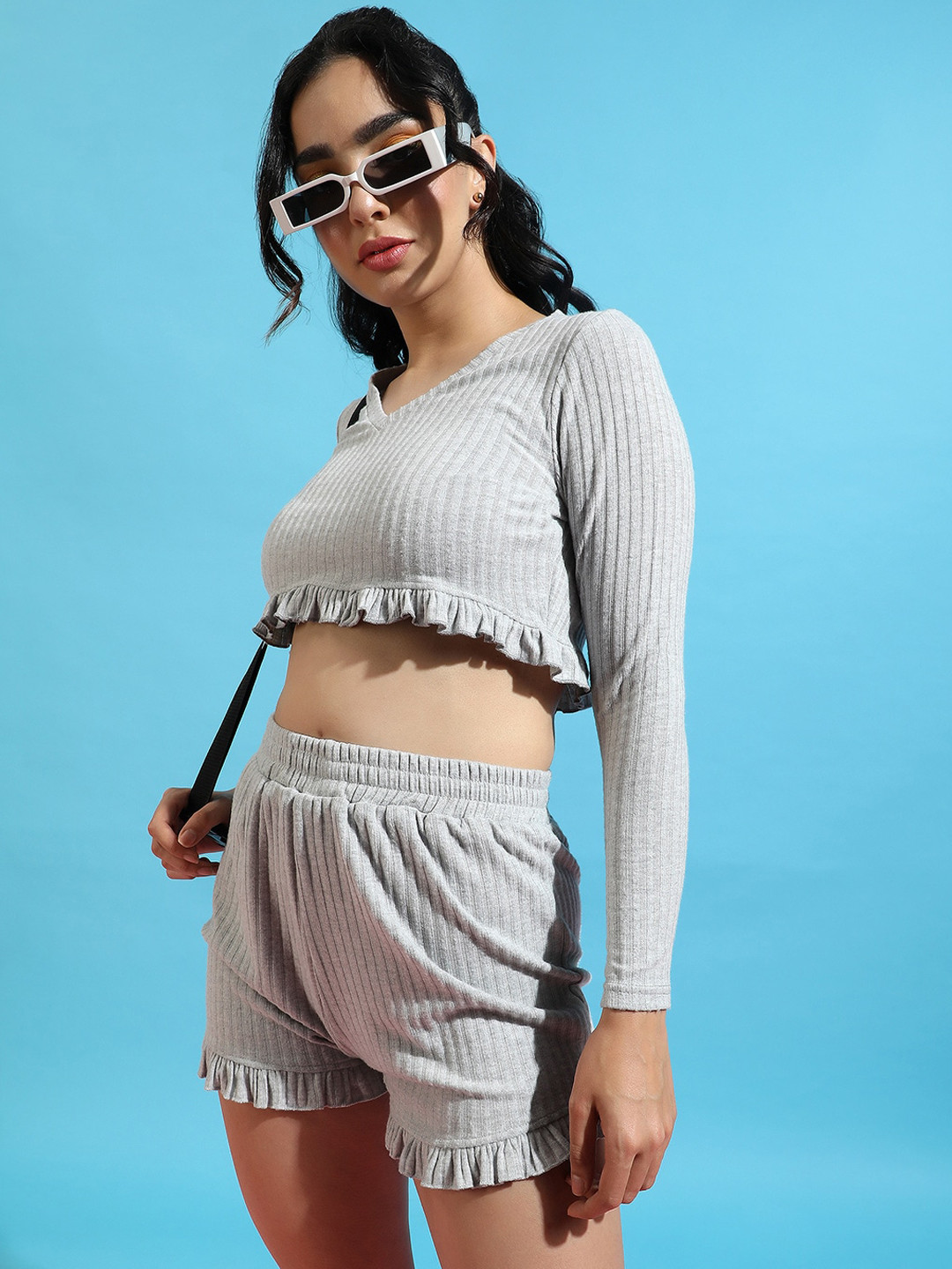 Campus Sutra Ribbed Self Design V-Neck Crop Top and Shorts